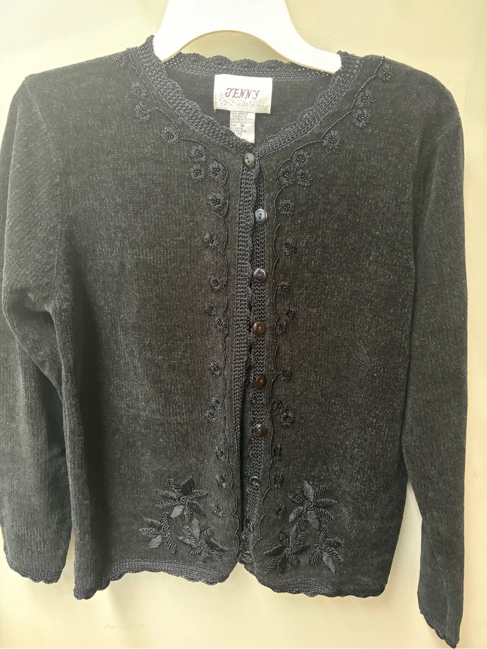 Vintage 80s/90s Women's black Embroidered Button-Front Sweater embellished